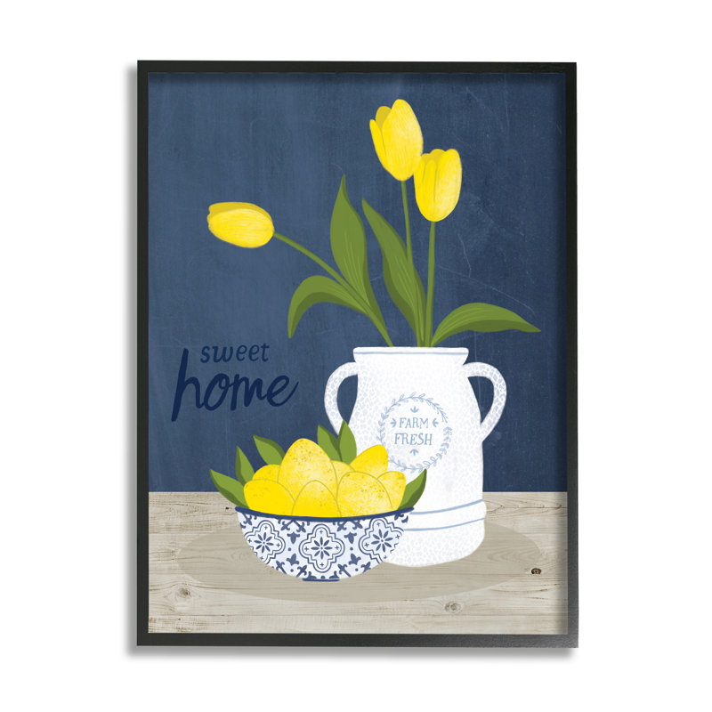 Citrons tulipes de campagne jaune Sweet Home Farm, L 11 po x H 14 po, Giclée encadrée noir minuit