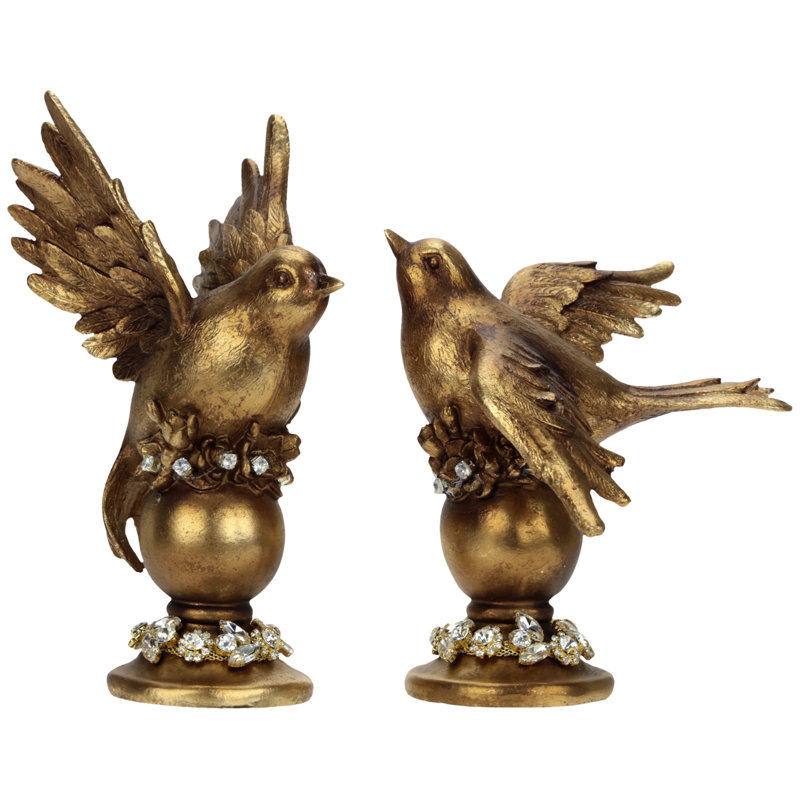 Jeweled Bird On Pedestal Ball, Set Of 2 - 7-9 Inches
