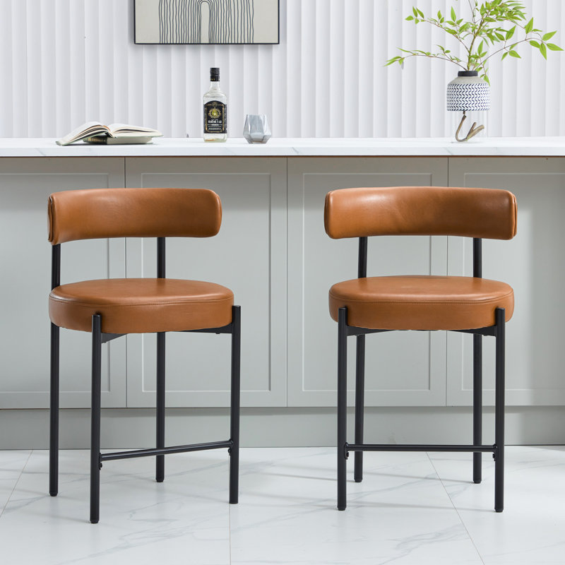 Whisky Brown Faux Leather 24'' Counter Stools with Metal Frame