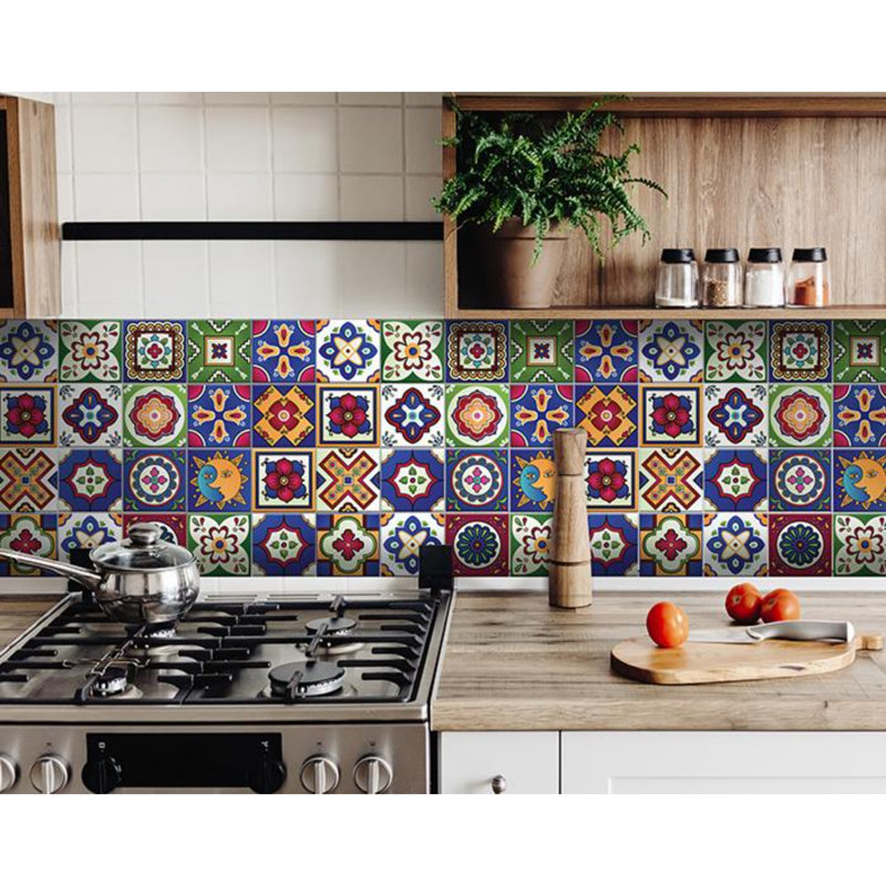 Adhésif décoratif à carreaux décoratifs, 4 po x 4 po, Bleu / orange / blanc