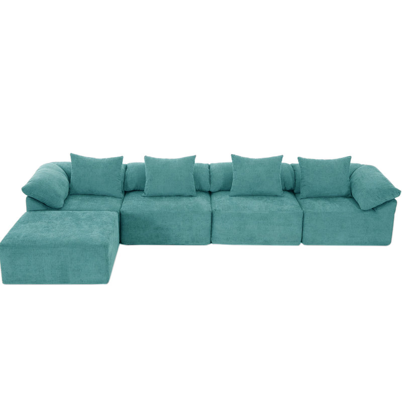 5 - Piece Boneless 142" Upholstered L Shape Sofa With Convertible Chaise, Blue