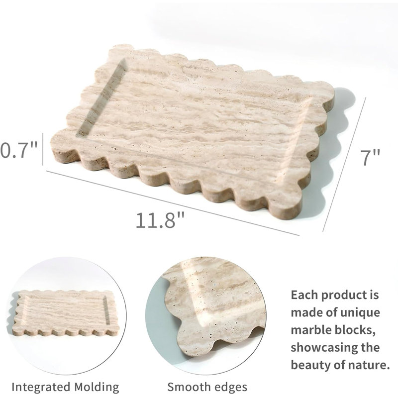 11.8"x7.4" Beige Travertine 100% Marble Tray - Scalloped Rectangle for Bathroom/Kitchen, Candle/Key Storage, Beige