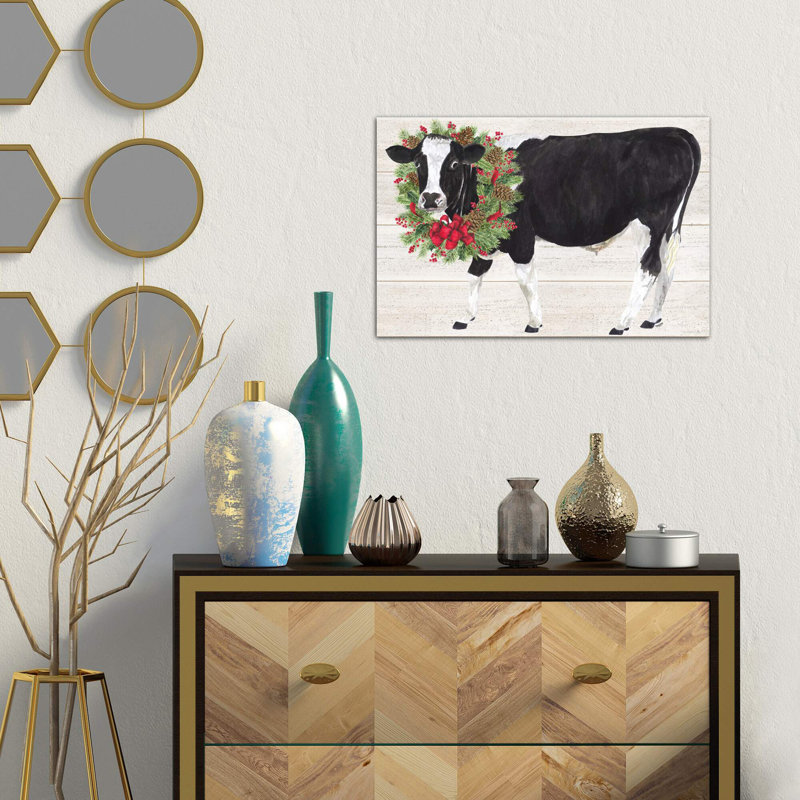 Christmas On The Farm III - Cow With Wreath by Tara Reed - Wrapped Canvas Painting, 101.6 cm H x 66.04 cm W x 1.91 cm D