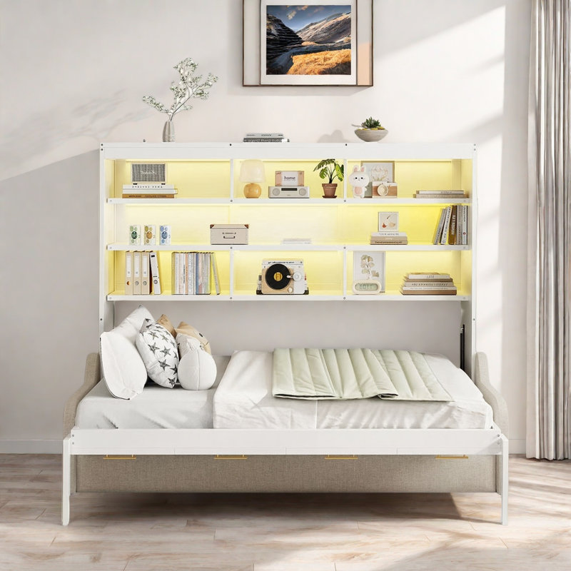 Lit armoire avec canapé escamotable Murphy, tablettes de rangement intégrées et éclairage à DEL, Lit double