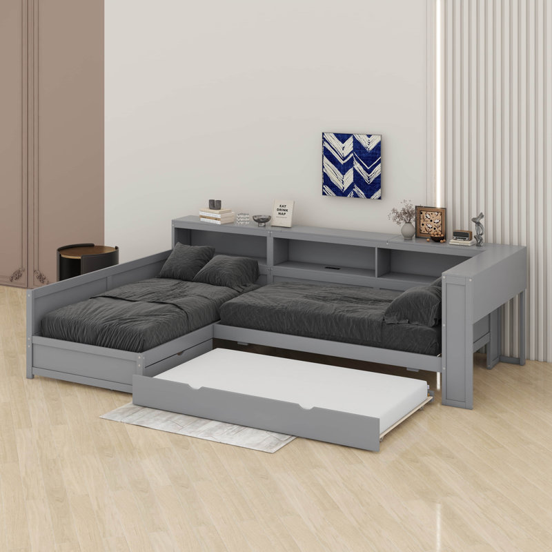 Lit plateforme simple en L avec lit gigogne et tiroir, Gris