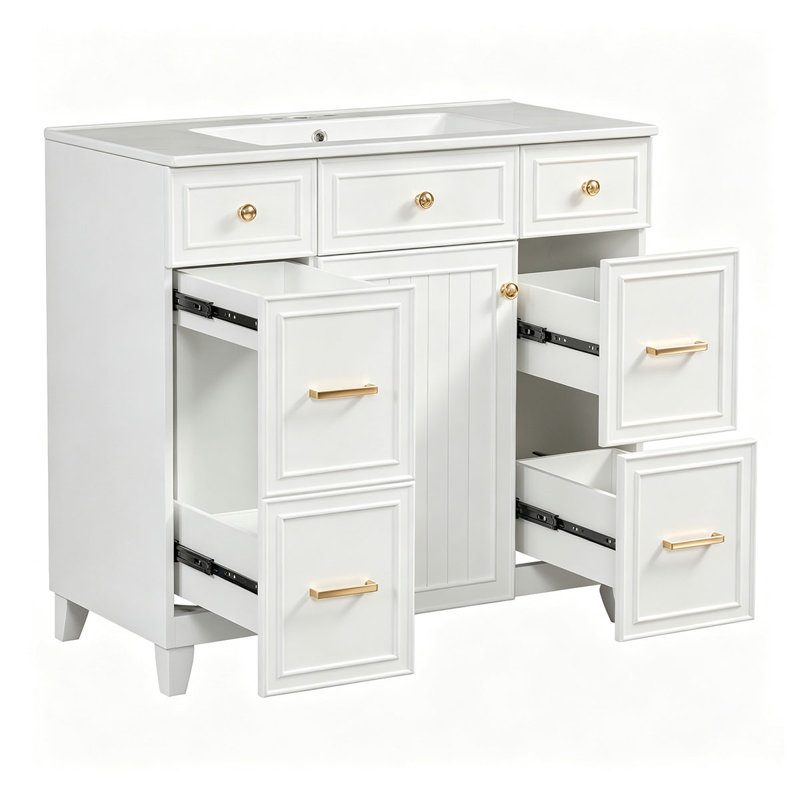 Meuble-lavabo sur pied 36 po avec lavabo en céramique, armoire avec une porte et 3 tiroirs 36 po, Blanc