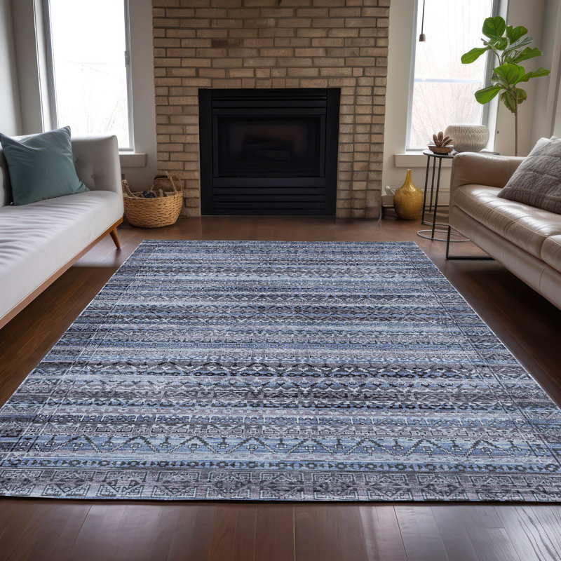 Machine Washable Indoor/Outdoor Xhevrie Blue Rug, Rectangle 9' x 12'