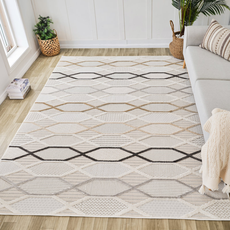 Rug Branch Solin 7' x 10' (6'7" x 9'6") Cream/Beige Geometric Indoor Area Rug, Comtemporary, Medium Pile, Stain-Resistant Carpet - Living Room, Bedroom, Dining Room, and Kitchen