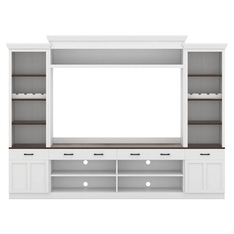 Ensemble mural de divertissement 4 pièces pour téléviseur de 70 po ou moins, meuble télé avec étagère à livres et 4 tiroirs, console média avec support à vin et tablettes réglables