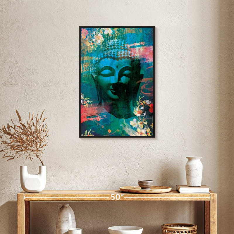 Tête de Bouddha fleurie I, Cadre flottant noir, 21 po x 31 po
