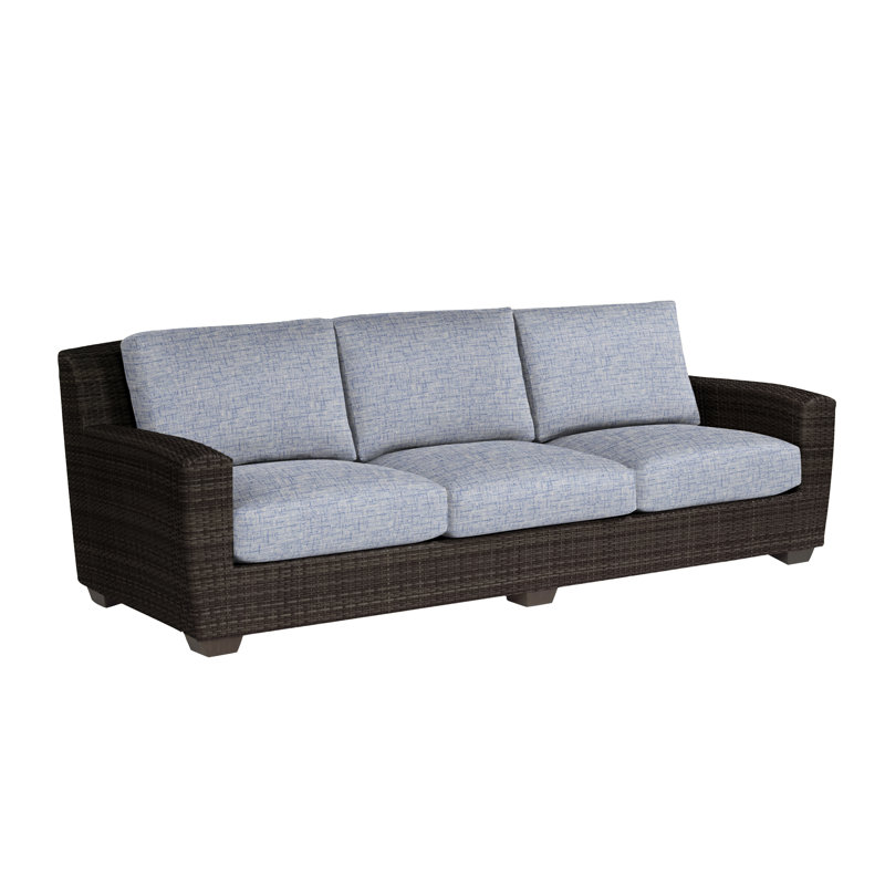 Saddleback 97'' Wide Premium All-Weather Wicker Patio Sofa with Cushions, Spectrum Denim Sunbrella® Plainweave, Coffee