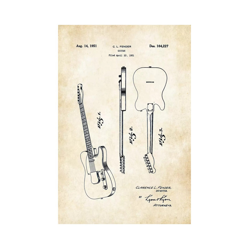 Fender Télécaster (1951) par Patents77 - Impression sur toile tendue, H 12 po x l 8 po x P 0,75 po