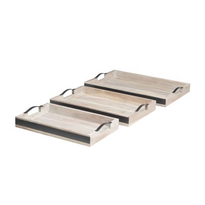 Stagbriar Wood Decor Tray with Black Metal Handles Set
