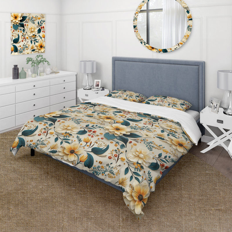 Literie de fleurs de jardin jaune et verte intemporelle, Housse de couette pour grand lit et 2 taies décor