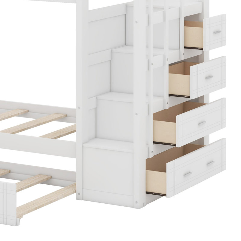 Lit superposé avec lit gigogne et escalier, Blanc