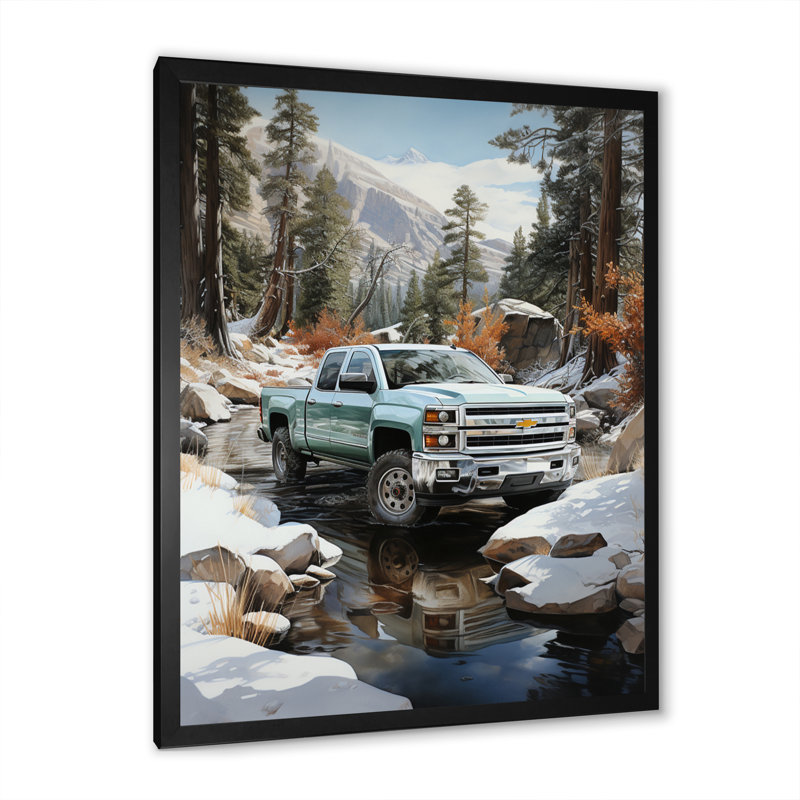 Choual, camionnette blanche Winter Wilderness - impression, Cadre photo noir, H 32 po x l 24 po x P 1 po