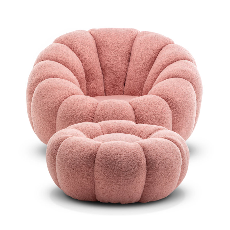 Mirielle Perse Teddy Boucle Swivel Accent Chair with Footstool, Pink