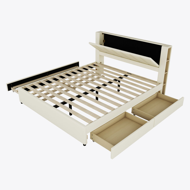 King Size Upholstery Platform Bed with Storage Headboard, 2 Drawers and Trundle,, Beige