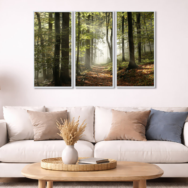 Forêt d'automne verte avec rayons de soleil - ensemble d'art mural sur toile encadré paysage, H 20 po x l 36 po x P 1 po