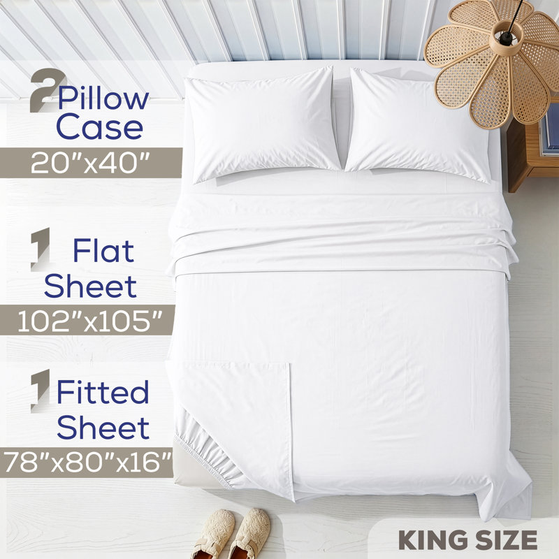 Ensemble de draps en percale 100% coton lavé - comprend 1 drap plat, 1 drap-housse et 2 taies d'oreiller, White