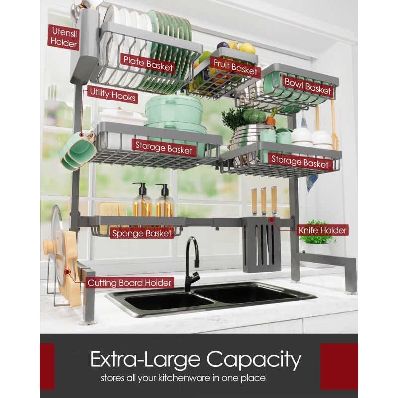Dish Drying Rack - Over The Sink Dish Drainer Drying Rack with Utensil & Knife Holder, Hooks, Stainless Steel Kitchen Organizers and Storage Solution, 11.8" D x 31.5"~39.0''W x 30" H, Gray