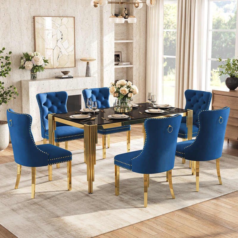 65" Glass Dining Set Of 7, Modern Rectangular Tempered Glass Table With Irregular Round Tube Stainless Steel Legs And 6 Velvet Upholstered Dining Chairs With Nailhead Trim