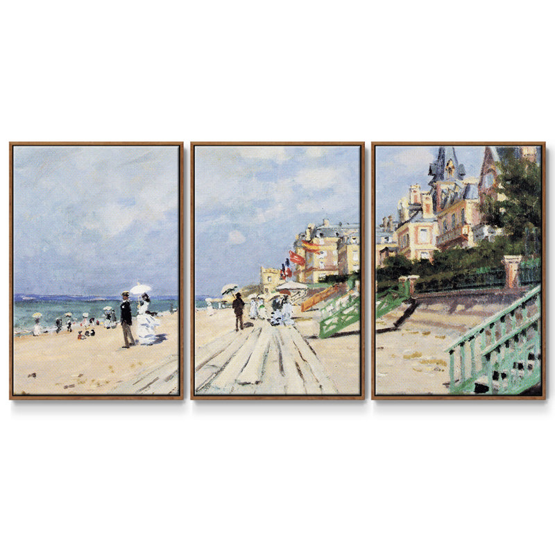Plage à Trouville par Monet 3 pièces, Noyer, H 24 po x l 48 po x P 2 po