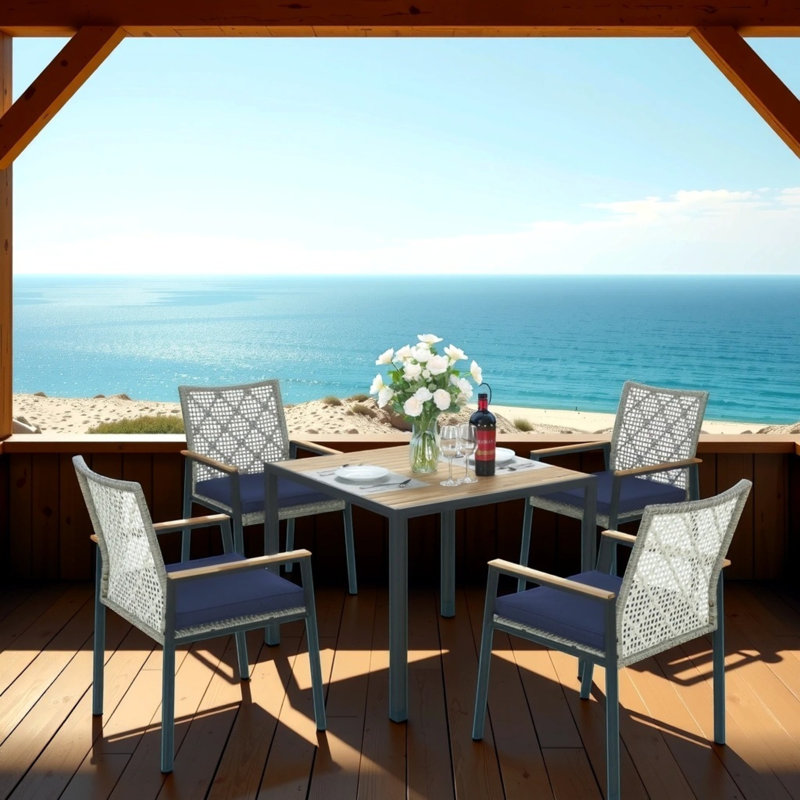 ??5-piece Acacia Wood Patio Dining Set - Rattan Coffee Brown Outdoor Furniture With Umbrella Hole, Weather-resistant & Ergonomic Design??