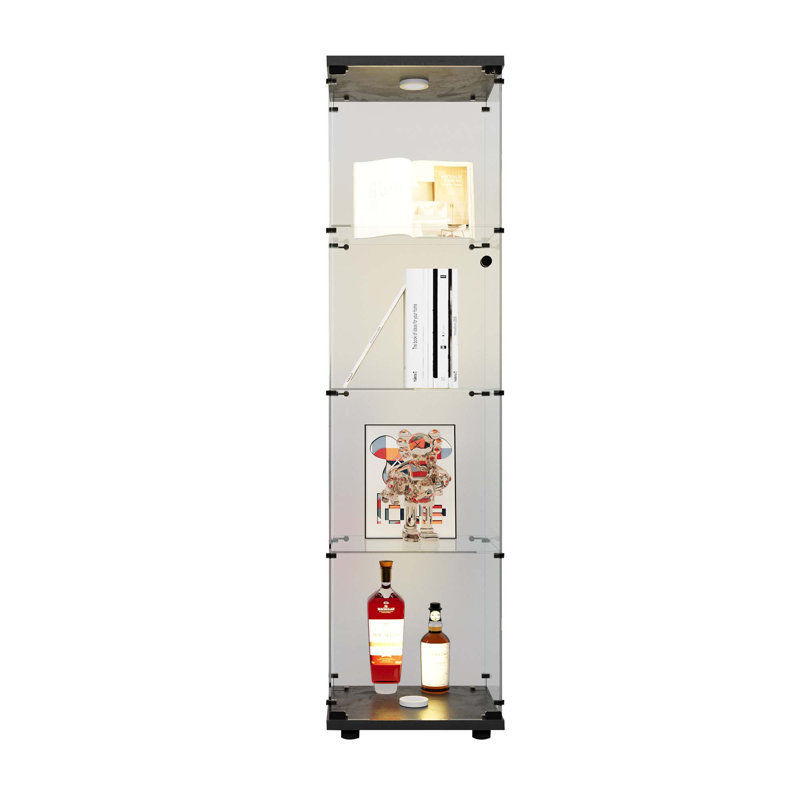Vitrine à DEL avec 4 tablettes vitrées avec porte et bibliothèque de plancher pour salon, bureau de 64,7 po x 16,7 po x 14,3 po