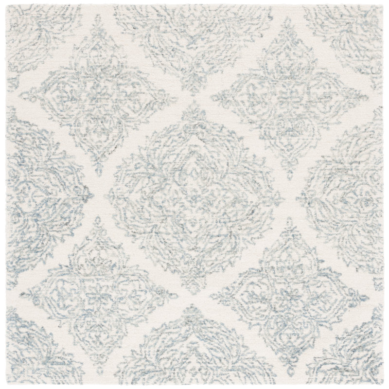 Ivory and Blue 6' Round Hand-Tufted Wool Rug
