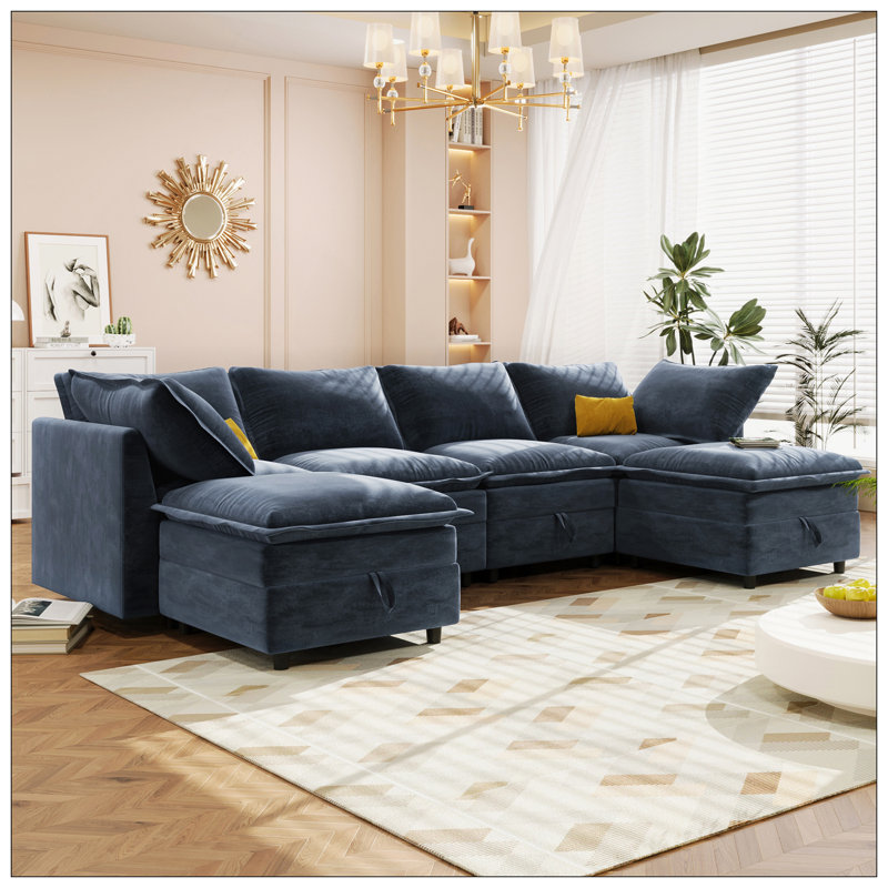 Canapé-lit modulaire polyvalent 6 pièces avec rangement, coussins décoratifs élégants à double couche, conception confortable et durable, parfait pour tout espace de vie