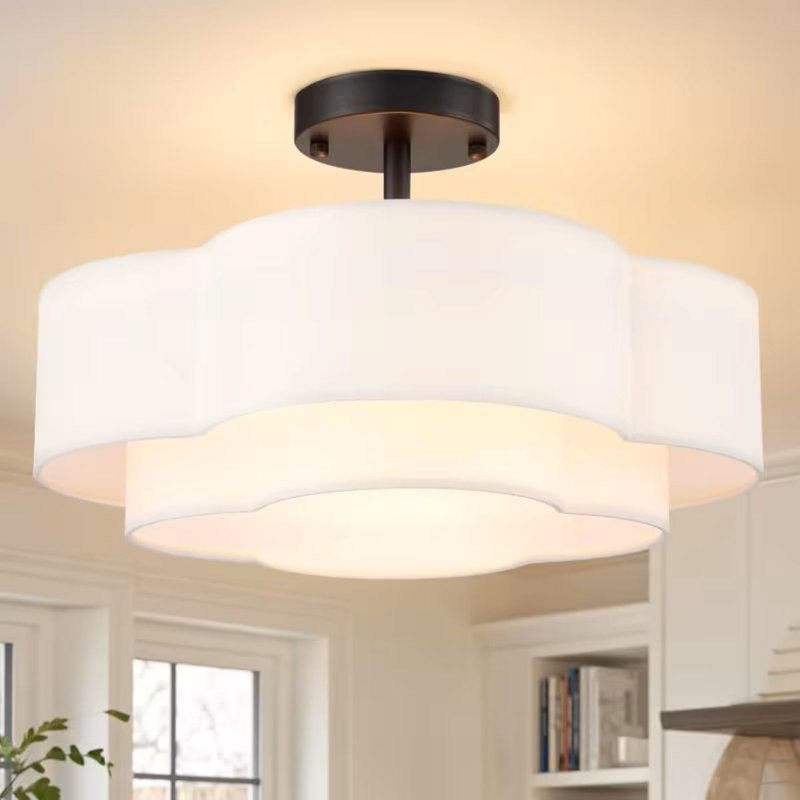 Scalloped Ceiling Light Fixture With Fabric Shade, 16 Inch Flush Mount Ceiling Light Flower Shaped, Double Layer Light Fixture Ceiling Mount For Living Room, Bedroom, Kitchen