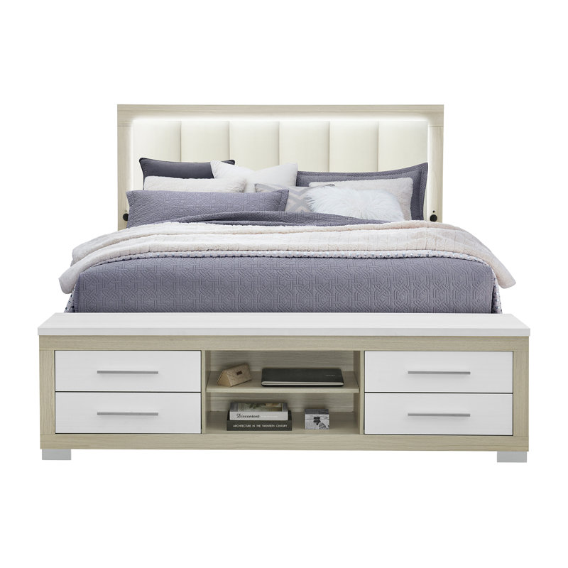 Lit Emma avec DEL et USB, Naturel / Blanc, Très grand