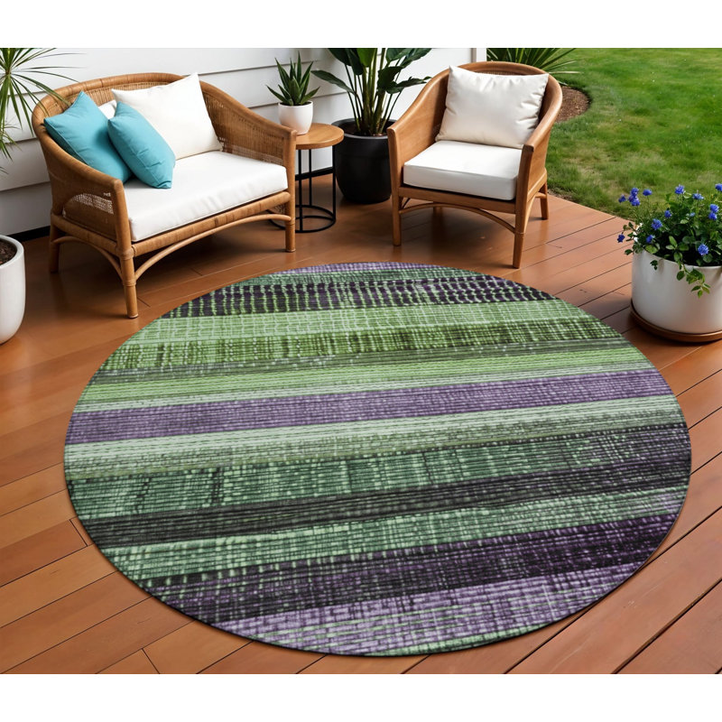 Tapis intérieur lavable rayé rond 8 pi mauve et vert