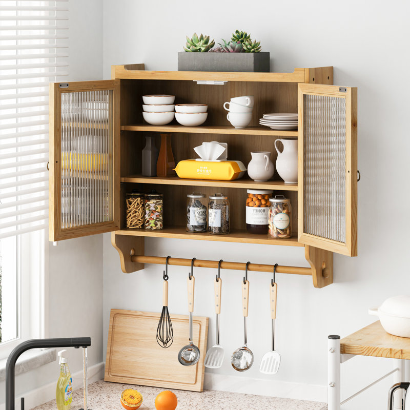 Armoire murale de 24,8 po avec porte en verre vintage avec rangement à trois niveaux et porte-serviettes, convient à la salle à manger, à la cuisine, à la salle de bain, à la teinte de bois naturel, au verre massif, au processus d'assemblage facile à double profondeur,