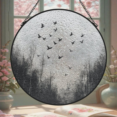 Birds Flying Over Bare Trees Stained Glass Panels Suncatcher for Window Decor