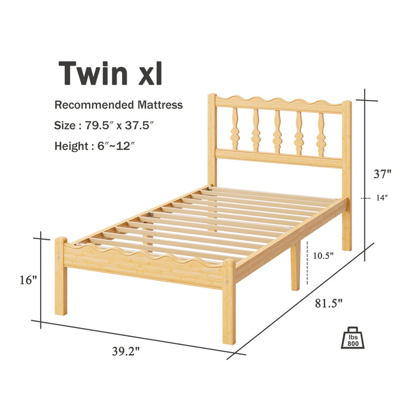 Structure de lit plateforme en bois de bambou 14 po avec tête de lit ondulée, lattes en métal, aucun sommier requis, 14"