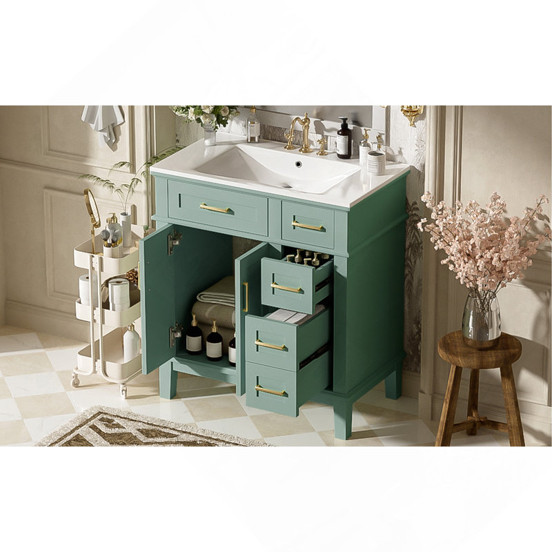 Meuble-lavabo de 30 po avec lavabo en céramique, armoire de rangement moderne avec portes à fermeture douce, tiroir profond et tiroir standard, meuble-lavabo élégant pour les petites salles de bain
