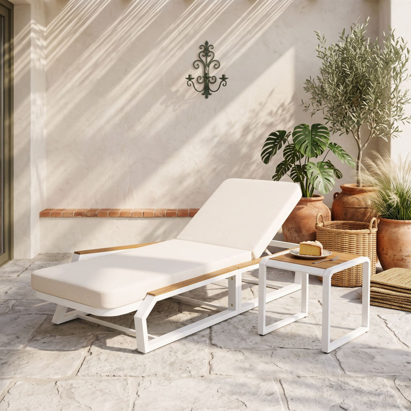 Chaise longue réglable avec coussin et table d'appoint assortie, Cream Teak White