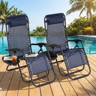 Backyard Lounge Chairs Set of 2, Heavy Duty Adjustable Reclining Patio Chairs with Pillow & Cup Holder, Folding Outdoor Chairs for Pool, Beach, Backyard, Camping,Lawn Blue