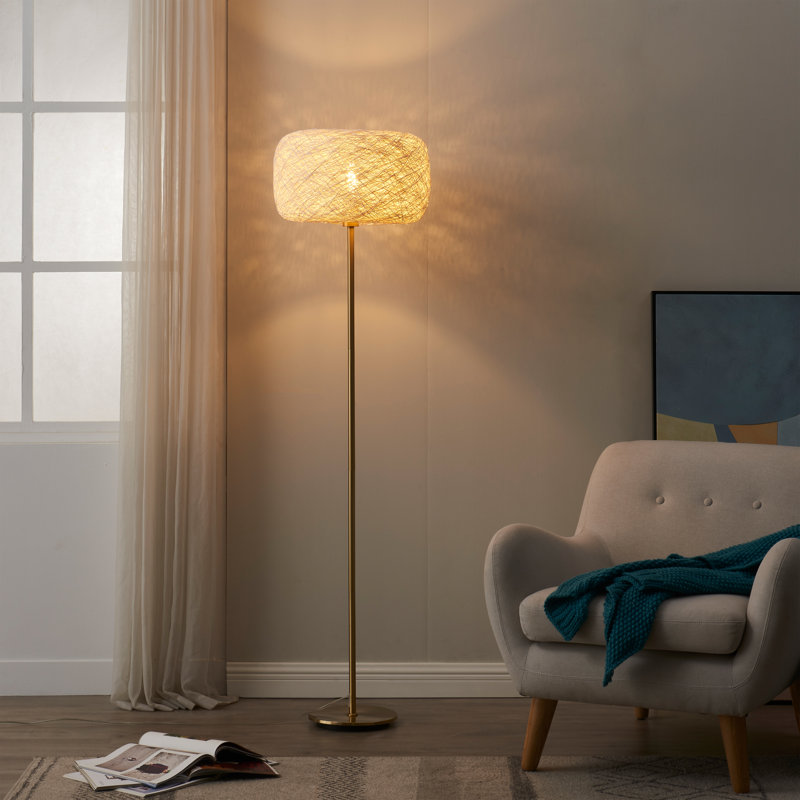 Elegant Gold LED Floor Lamp with Woven Shade