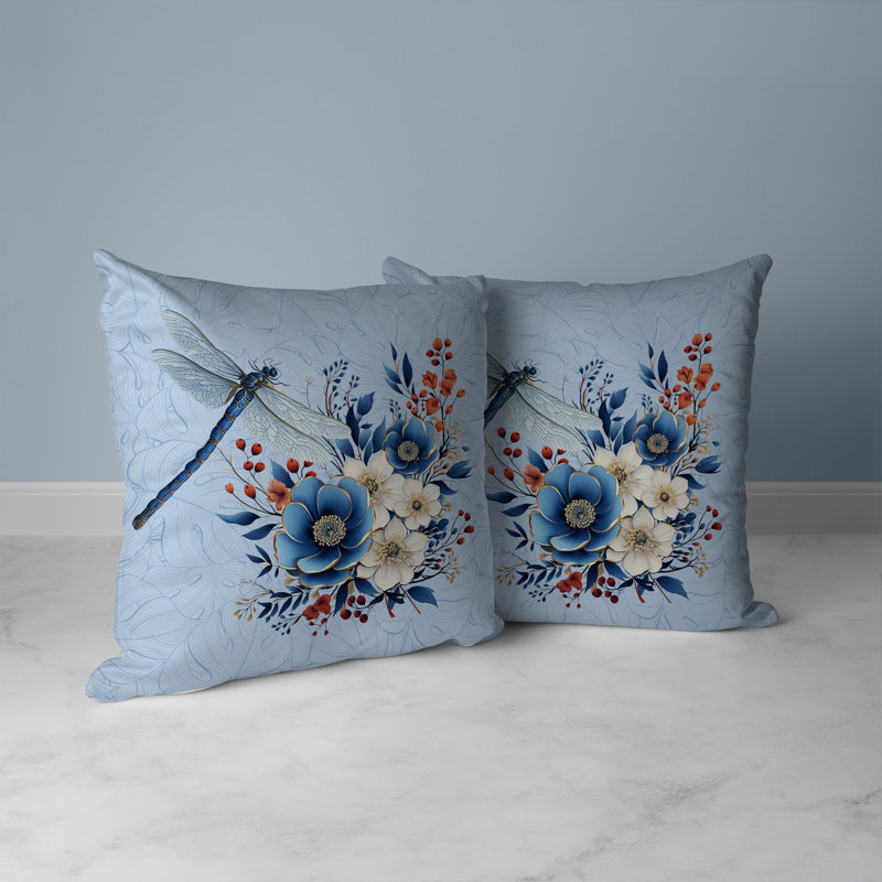 Coussin Dragonfly Haven, H 16 po x l 16 po, Bleu / orange / crème