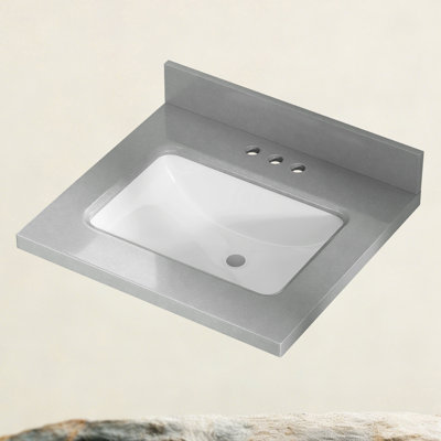 24'' W X 22'' D Engineered Stone Gray Drop-In Vanity Top Single Sink Center Drain Countertop Rectangular Undermount Ceramic Sink with Three Pre-Drilled Faucet Holes & 4 In. H Backsplash