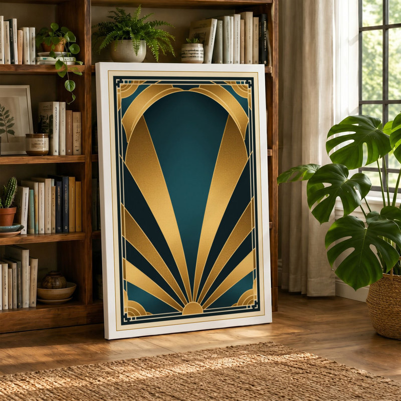 Sunburst Art Deco - Wrapped Canvas, 36x24 - 91.4 x 61.0 cm, Teal Border