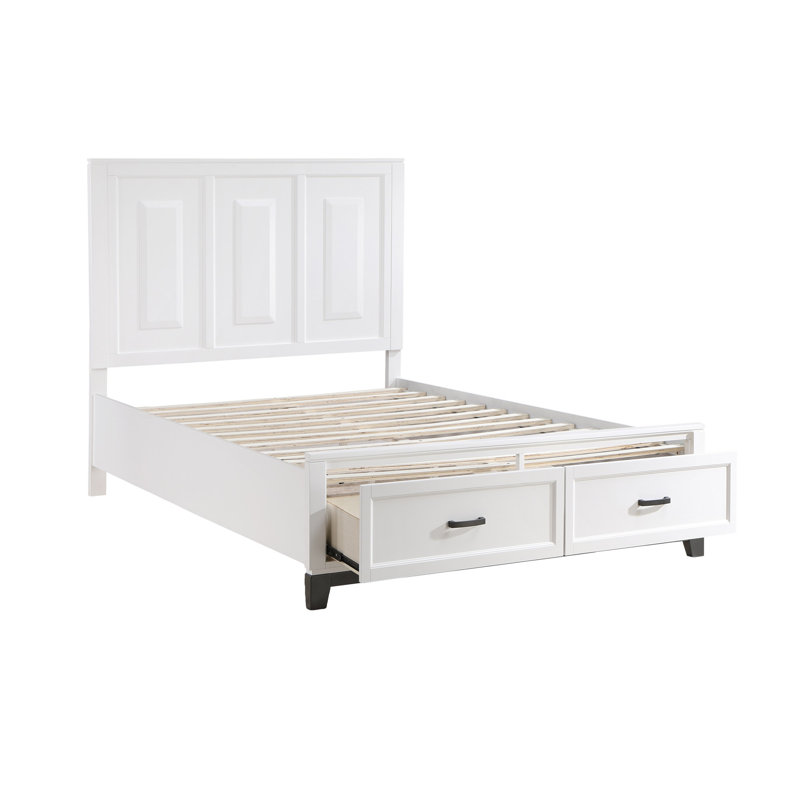 Grand lit plateforme en bois blanc avec rangement, élément de décoration de chambre à coucher