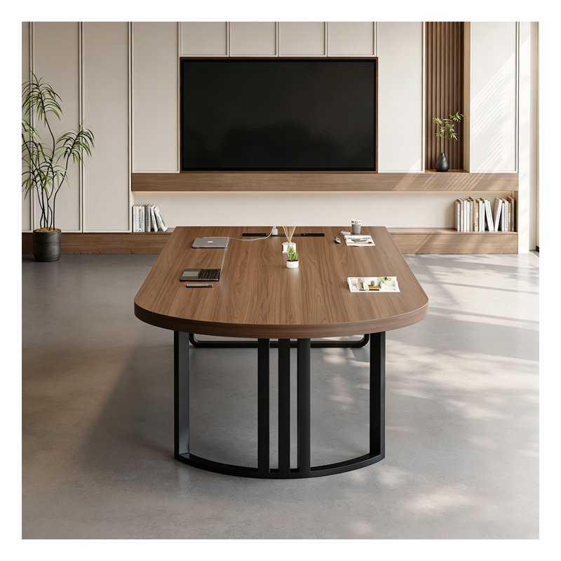 Table de réunion de bureau moderne en grain de bois avec base en acier robuste, 29.5" H x 86.6" L x 39.4" D
