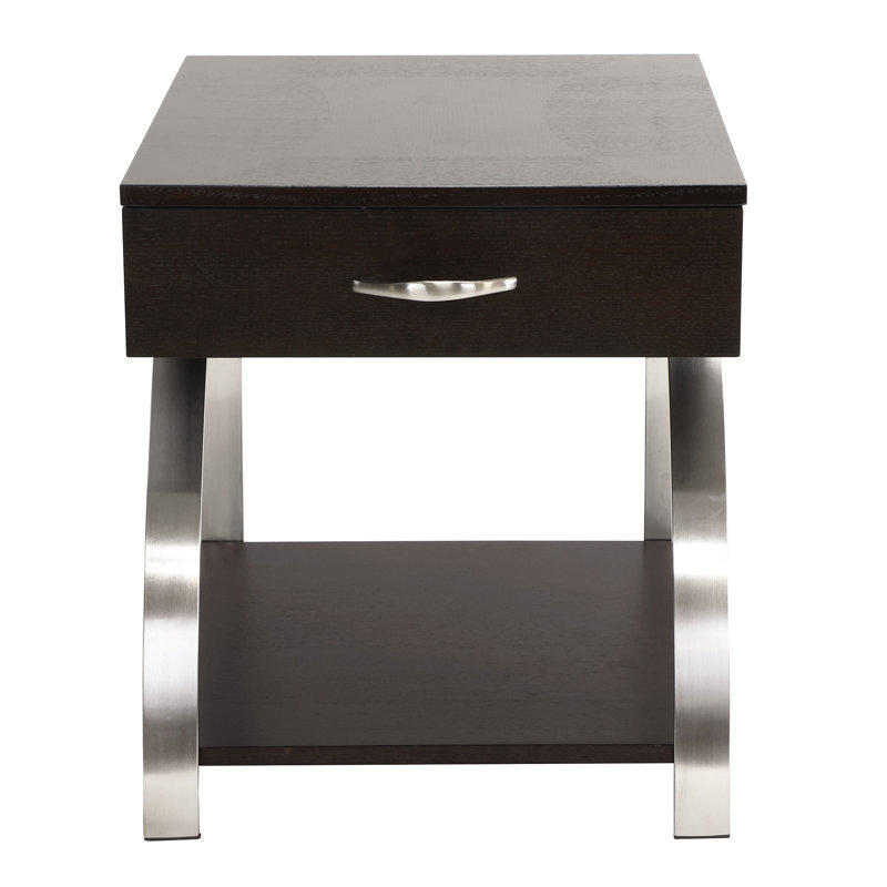 Table de bout de salon moderne avec tiroir et tablette inférieure, couleur, détails métalliques, tiroir supérieur