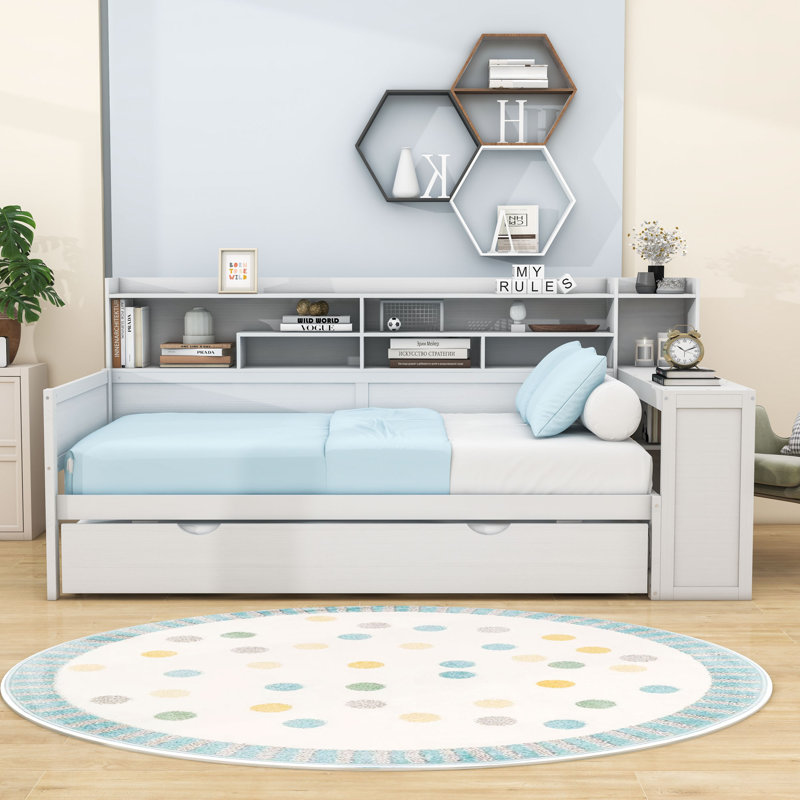 Daybed with Twin Trundle, Shelves, Desk and Slats, Twin, Antique White