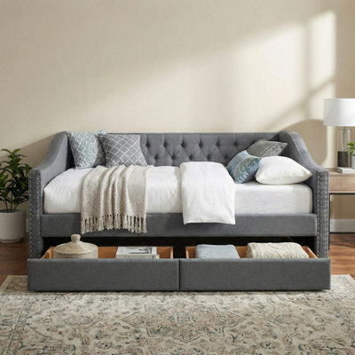 Linen Upholstered Daybed with 2 Drawers & Wooden Frame