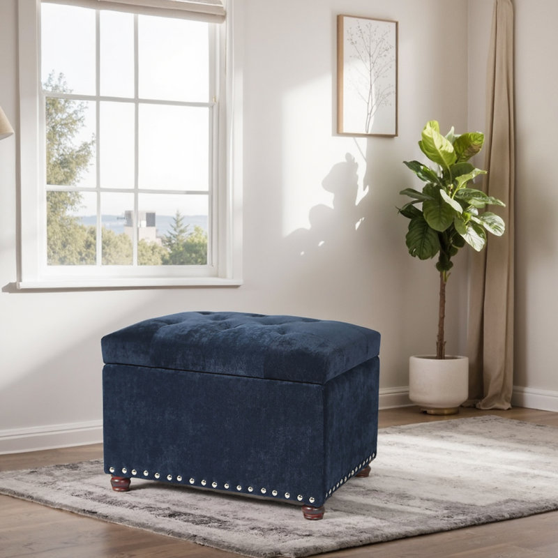Devault 24" Wide Fabric Tufted Rectangle Storage Ottoman, Dark Blue
